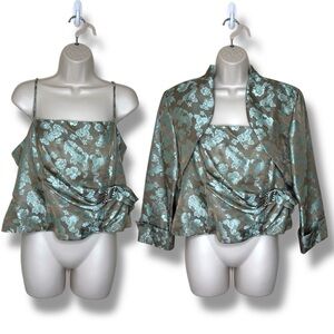 JR Nites by Caliendo Floral Brocade Bustier Corset Bolero Set Green Tan Medium